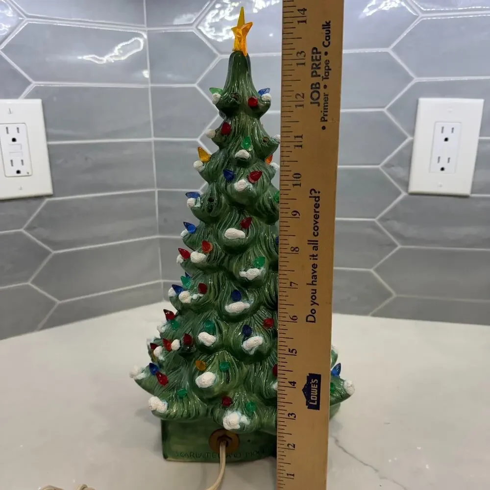 Vintage Ceramic Christmas Tree Lighted WORKS Nativity Snow Flocked Scarlatella